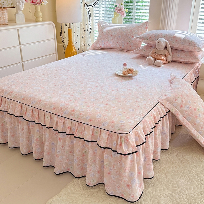 91家纺网 家纺一手货源 找家纺 优家居 2026新款A类水洗棉床裙单件三件套皱皱纱韩版公主风花边床罩直播爆款外贸定制 梦华录