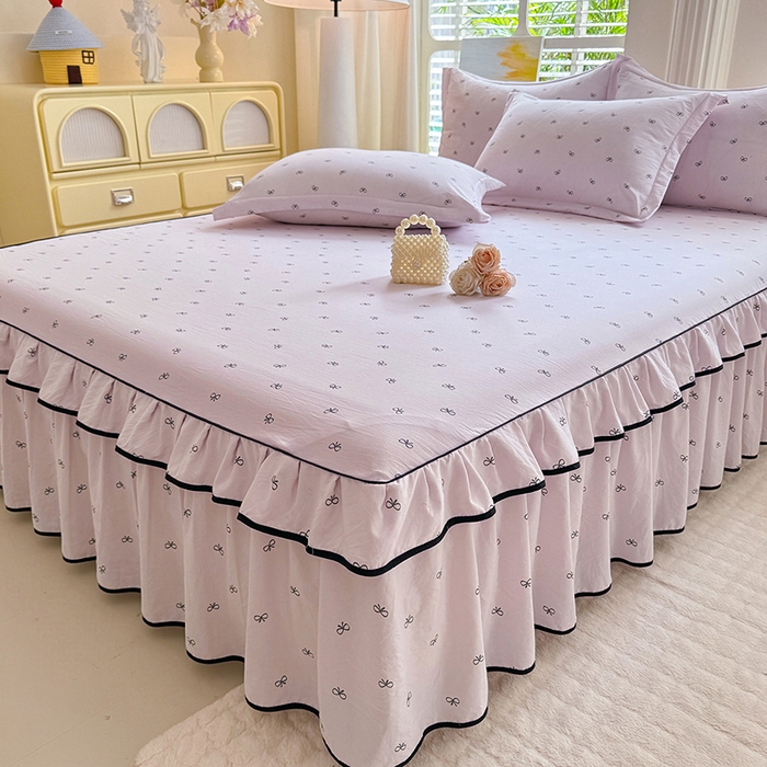 91家纺网 家纺一手货源 找家纺 优家居 2026新款A类水洗棉床裙单件三件套皱皱纱韩版公主风花边床罩直播爆款外贸定制 粉雾结语