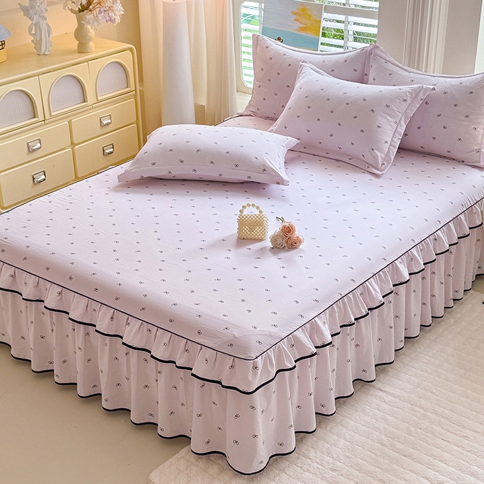 91家纺网 家纺一手货源 找家纺 优家居 2026新款A类水洗棉床裙单件三件套皱皱纱韩版公主风花边床罩直播爆款外贸定制 粉雾结语