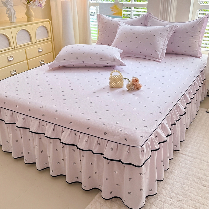 91家纺网 家纺一手货源 找家纺 优家居 2026新款A类水洗棉床裙单件三件套皱皱纱韩版公主风花边床罩直播爆款外贸定制 粉雾结语