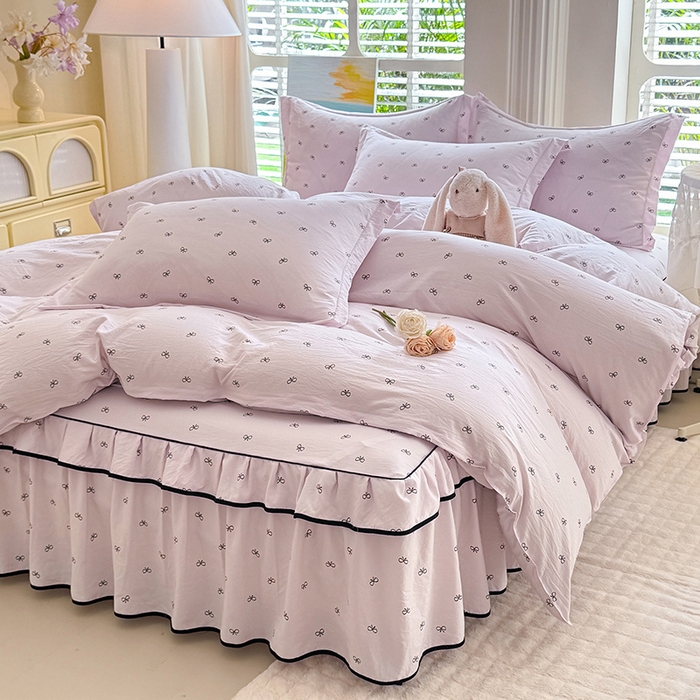 91家纺网 家纺一手货源 找家纺 优家居 2026新款A类水洗棉床裙单件三件套皱皱纱韩版公主风花边床罩直播爆款外贸定制 粉雾结语