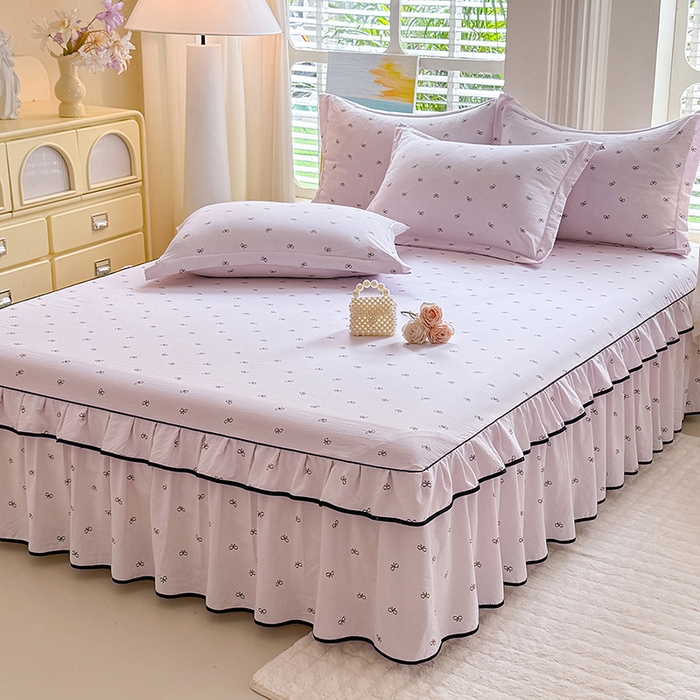 91家纺网 家纺一手货源 找家纺 优家居 2026新款A类水洗棉床裙单件三件套皱皱纱韩版公主风花边床罩直播爆款外贸定制 粉雾结语