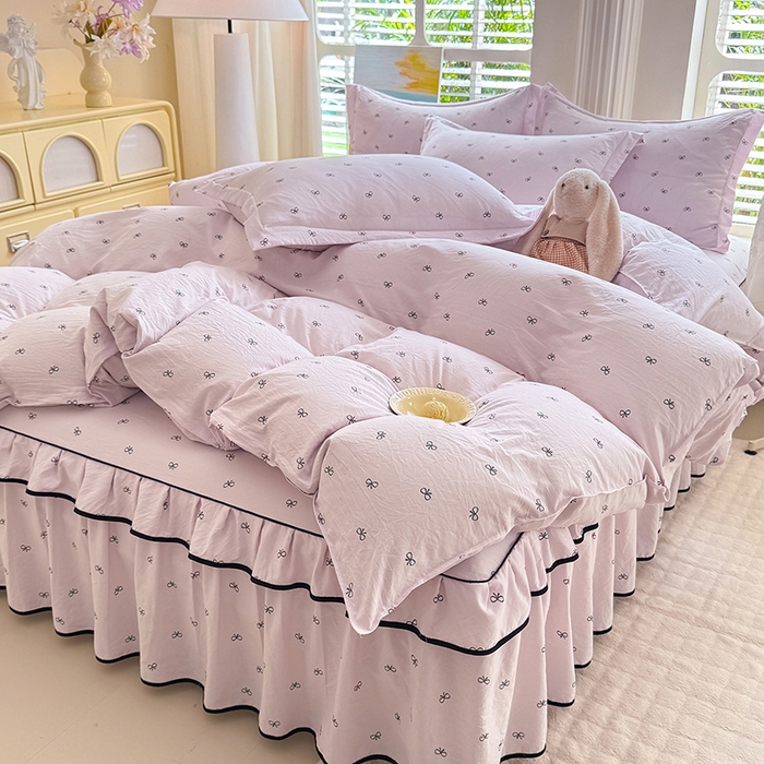 91家纺网 家纺一手货源 找家纺 优家居 2026新款A类水洗棉床裙单件三件套皱皱纱韩版公主风花边床罩直播爆款外贸定制 粉雾结语