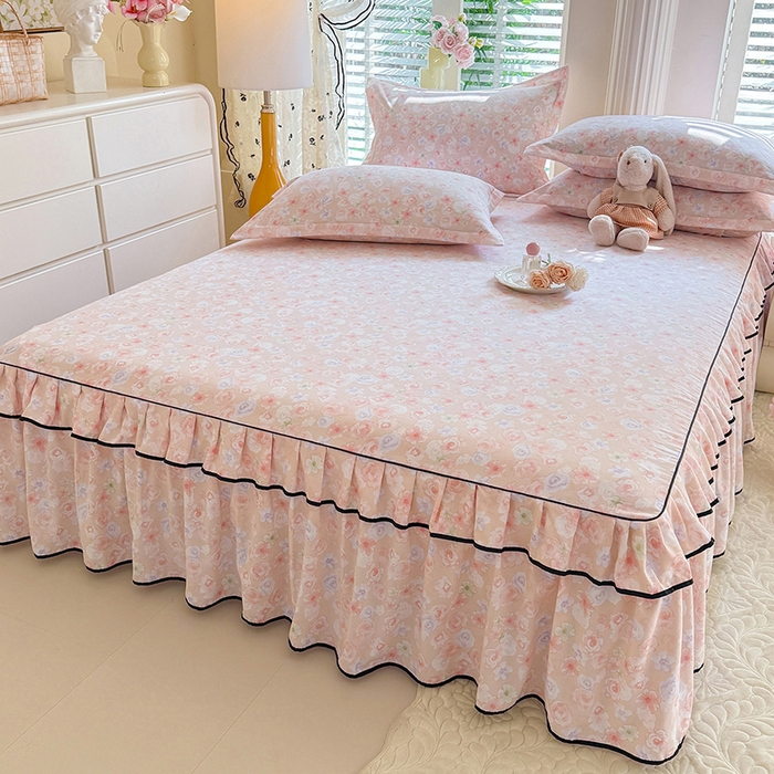 91家纺网 家纺一手货源 找家纺 优家居 2026新款A类水洗棉床裙单件三件套皱皱纱韩版公主风花边床罩直播爆款外贸定制 梦华录