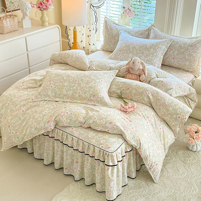 91家纺网 家纺一手货源 找家纺 优家居 2026新款A类水洗棉床裙单件三件套皱皱纱韩版公主风花边床罩直播爆款外贸定制 海棠花颂