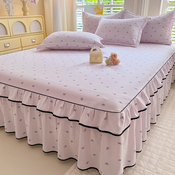 91家纺网 家纺一手货源 找家纺 优家居 2026新款A类水洗棉床裙单件三件套皱皱纱韩版公主风花边床罩直播爆款外贸定制 粉雾结语