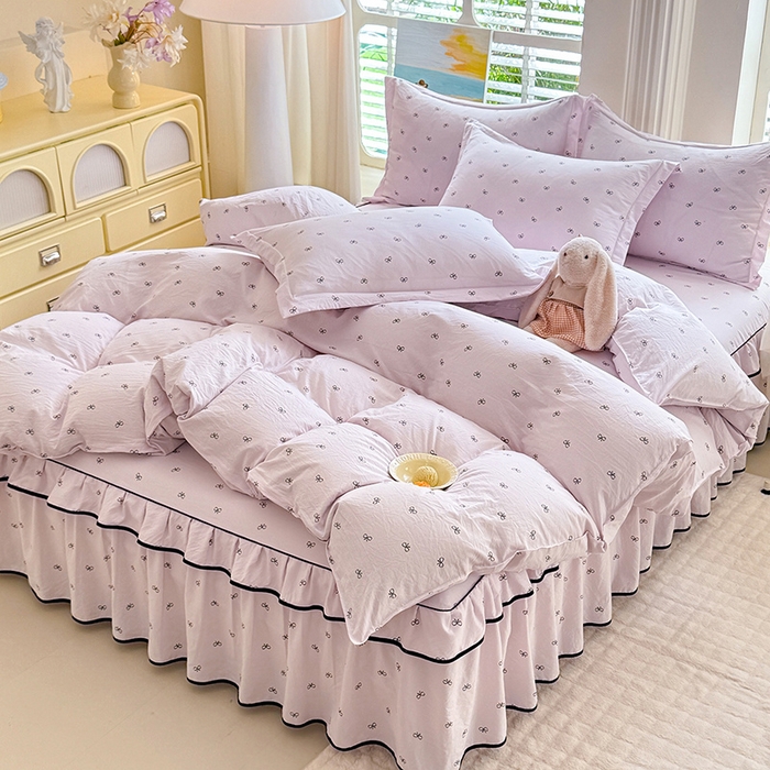 91家纺网 家纺一手货源 找家纺 优家居 2026新款A类水洗棉床裙单件三件套皱皱纱韩版公主风花边床罩直播爆款外贸定制 粉雾结语