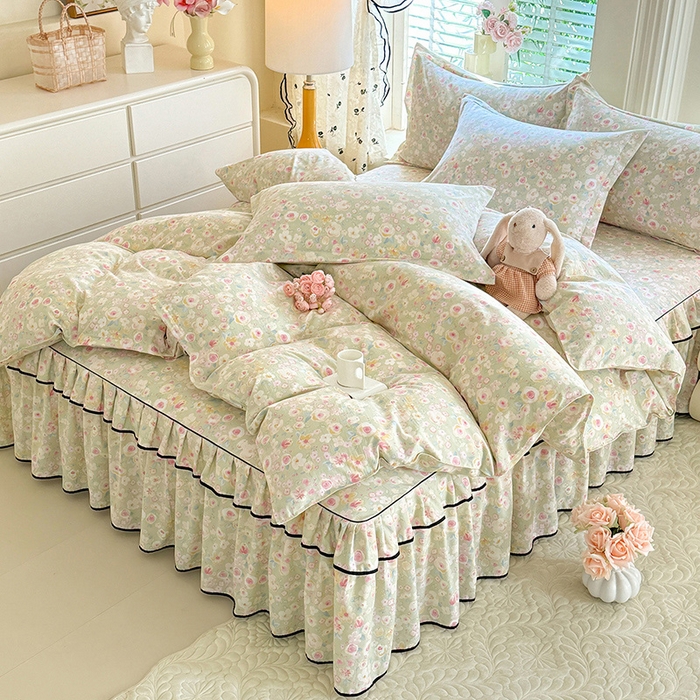 91家纺网 家纺一手货源 找家纺 优家居 2026新款A类水洗棉床裙单件三件套皱皱纱韩版公主风花边床罩直播爆款外贸定制 海棠花颂