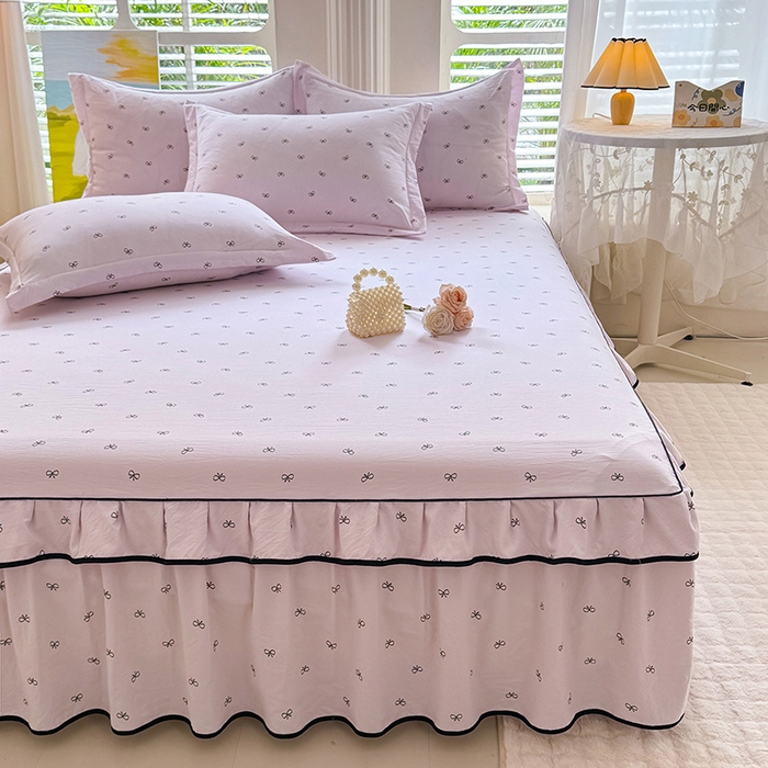 91家纺网 家纺一手货源 找家纺 优家居 2026新款A类水洗棉床裙单件三件套皱皱纱韩版公主风花边床罩直播爆款外贸定制 粉雾结语