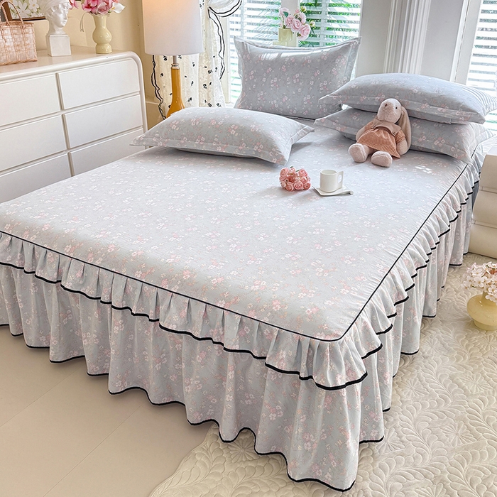 91家纺网 家纺一手货源 找家纺 优家居 2026新款A类水洗棉床裙单件三件套皱皱纱韩版公主风花边床罩直播爆款外贸定制 小苍蓝