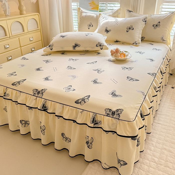 91家纺网 家纺一手货源 找家纺 优家居 2026新款A类水洗棉床裙单件三件套皱皱纱韩版公主风花边床罩直播爆款外贸定制 蝶舞芳华