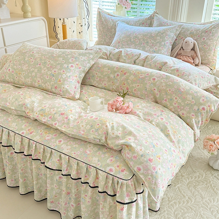 91家纺网 家纺一手货源 找家纺 优家居 2026新款A类水洗棉床裙单件三件套皱皱纱韩版公主风花边床罩直播爆款外贸定制 海棠花颂