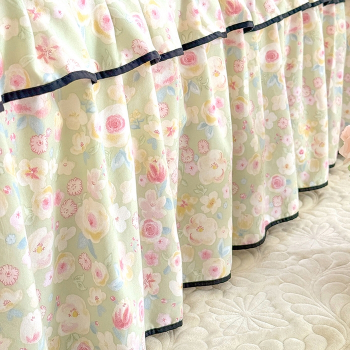 91家纺网 家纺一手货源 找家纺 优家居 2026新款A类水洗棉床裙单件三件套皱皱纱韩版公主风花边床罩直播爆款外贸定制 海棠花颂