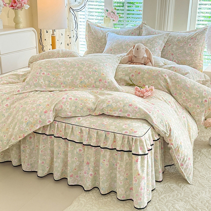 91家纺网 家纺一手货源 找家纺 优家居 2026新款A类水洗棉床裙单件三件套皱皱纱韩版公主风花边床罩直播爆款外贸定制 海棠花颂