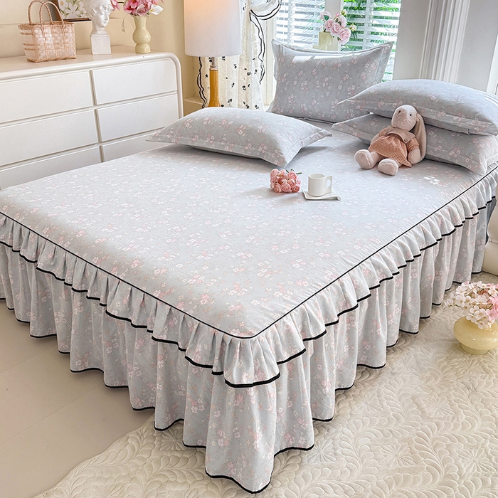 91家纺网 家纺一手货源 找家纺 优家居 2026新款A类水洗棉床裙单件三件套皱皱纱韩版公主风花边床罩直播爆款外贸定制 小苍蓝