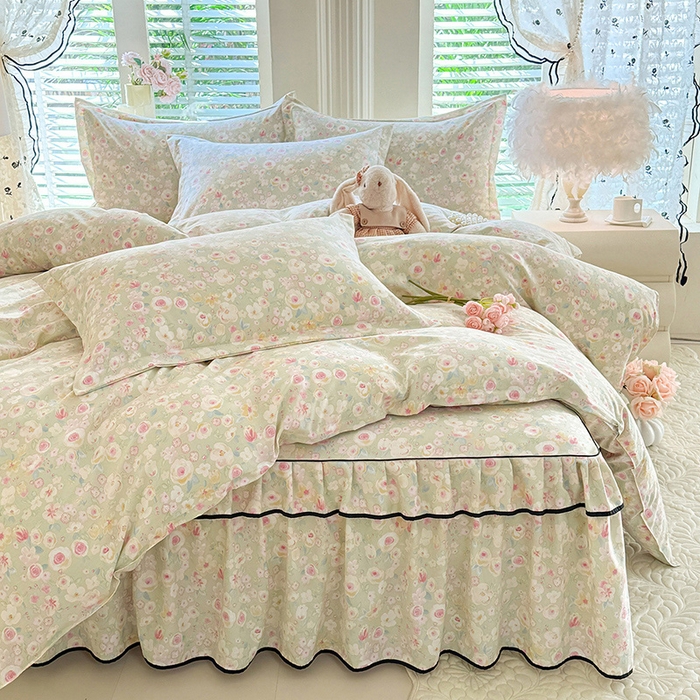 91家纺网 家纺一手货源 找家纺 优家居 2026新款A类水洗棉床裙单件三件套皱皱纱韩版公主风花边床罩直播爆款外贸定制 海棠花颂