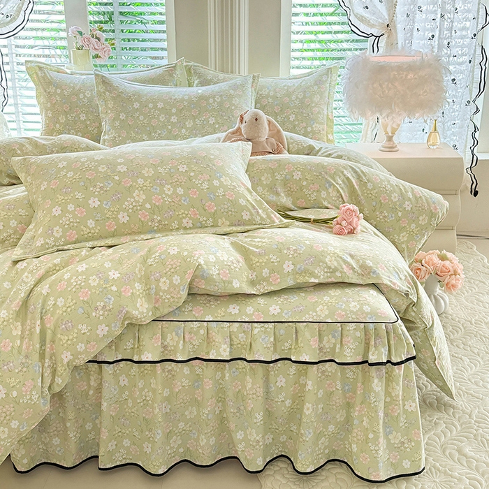 91家纺网 家纺一手货源 找家纺 优家居 2026新款A类水洗棉床裙单件三件套皱皱纱韩版公主风花边床罩直播爆款外贸定制 木槿花