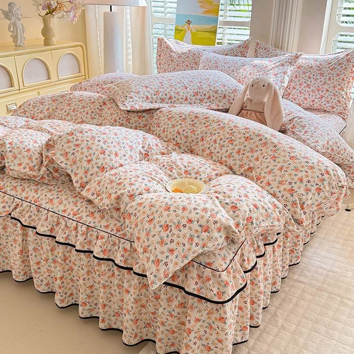 91家纺网 家纺一手货源 找家纺 优家居 2026新款A类水洗棉床裙单件三件套皱皱纱韩版公主风花边床罩直播爆款外贸定制 陌上花开