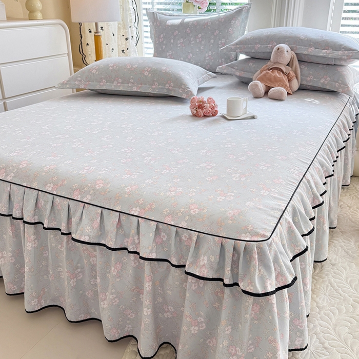 91家纺网 家纺一手货源 找家纺 优家居 2026新款A类水洗棉床裙单件三件套皱皱纱韩版公主风花边床罩直播爆款外贸定制 小苍蓝