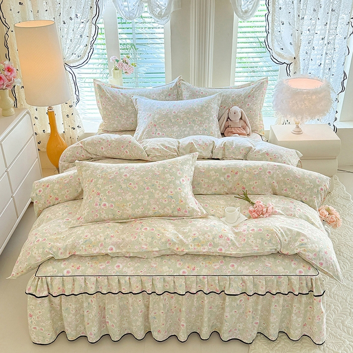 91家纺网 家纺一手货源 找家纺 优家居 2026新款A类水洗棉床裙单件三件套皱皱纱韩版公主风花边床罩直播爆款外贸定制 海棠花颂