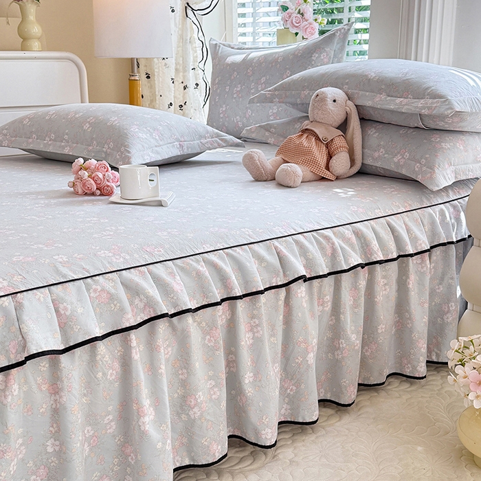 91家纺网 家纺一手货源 找家纺 优家居 2026新款A类水洗棉床裙单件三件套皱皱纱韩版公主风花边床罩直播爆款外贸定制 小苍蓝