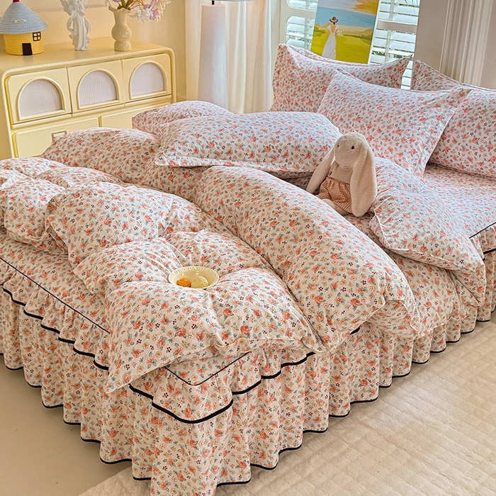 91家纺网 家纺一手货源 找家纺 优家居 2026新款A类水洗棉床裙单件三件套皱皱纱韩版公主风花边床罩直播爆款外贸定制 陌上花开