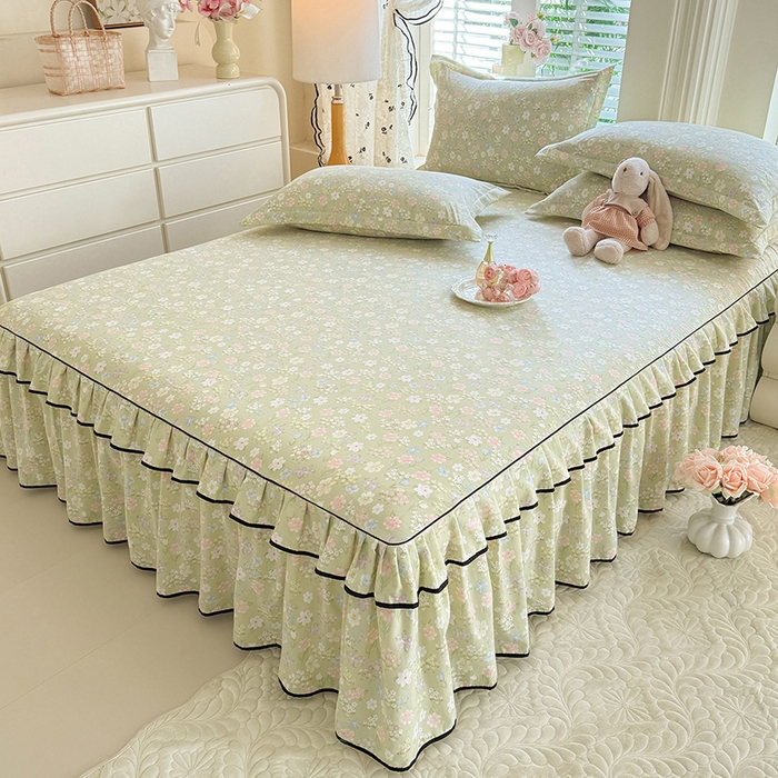 91家纺网 家纺一手货源 找家纺 优家居 2026新款A类水洗棉床裙单件三件套皱皱纱韩版公主风花边床罩直播爆款外贸定制 木槿花