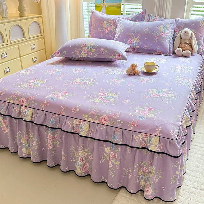 91家纺网 家纺一手货源 找家纺 优家居 2026新款A类水洗棉床裙单件三件套皱皱纱韩版公主风花边床罩直播爆款外贸定制 秘园絮语