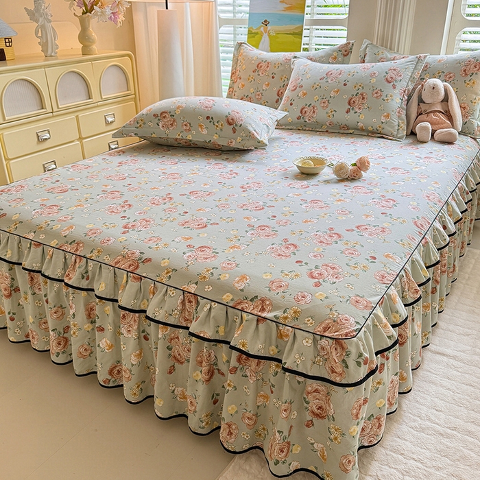 91家纺网 家纺一手货源 找家纺 优家居 2026新款A类水洗棉床裙单件三件套皱皱纱韩版公主风花边床罩直播爆款外贸定制 花花田园