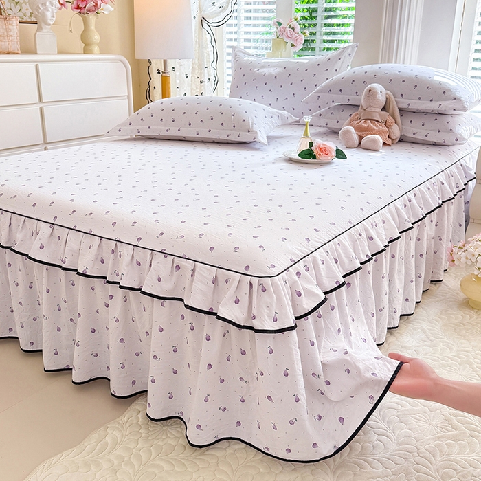 优家居 2026新款A类水洗棉床裙单件三件套皱皱纱韩版公主风花边床罩直播爆款外贸定制 一口葡萄