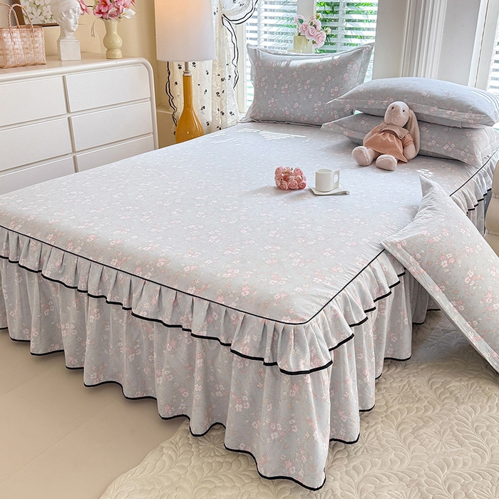 91家纺网 家纺一手货源 找家纺 优家居 2026新款A类水洗棉床裙单件三件套皱皱纱韩版公主风花边床罩直播爆款外贸定制 小苍蓝