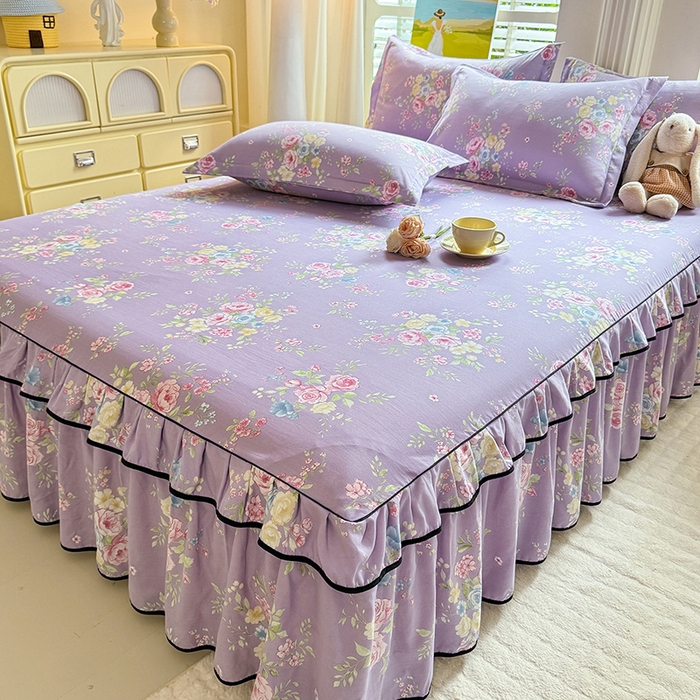 91家纺网 家纺一手货源 找家纺 优家居 2026新款A类水洗棉床裙单件三件套皱皱纱韩版公主风花边床罩直播爆款外贸定制 秘园絮语