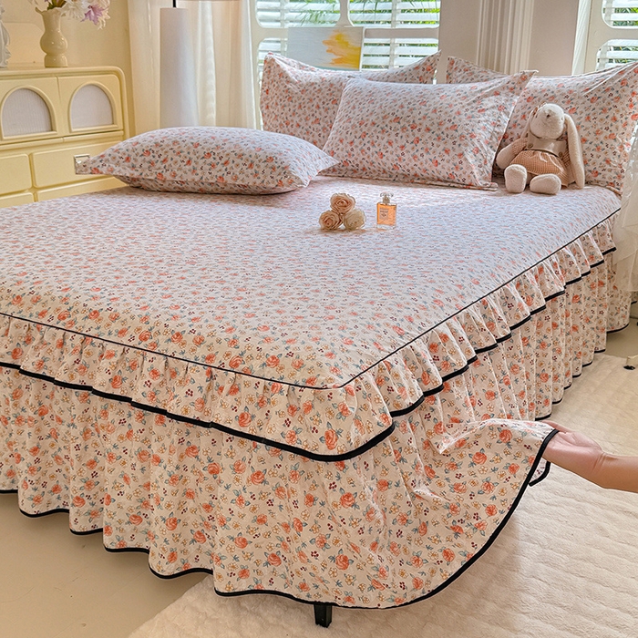 优家居 2026新款A类水洗棉床裙单件三件套皱皱纱韩版公主风花边床罩直播爆款外贸定制 陌上花开