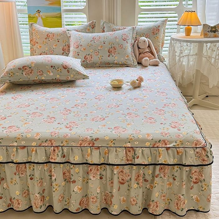 91家纺网 家纺一手货源 找家纺 优家居 2026新款A类水洗棉床裙单件三件套皱皱纱韩版公主风花边床罩直播爆款外贸定制 花花田园