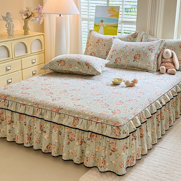 91家纺网 家纺一手货源 找家纺 优家居 2026新款A类水洗棉床裙单件三件套皱皱纱韩版公主风花边床罩直播爆款外贸定制 花花田园