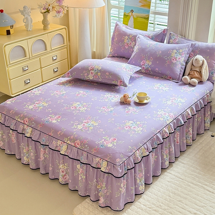 91家纺网 家纺一手货源 找家纺 优家居 2026新款A类水洗棉床裙单件三件套皱皱纱韩版公主风花边床罩直播爆款外贸定制 秘园絮语