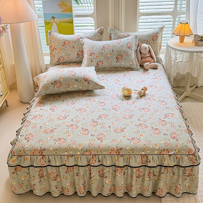 91家纺网 家纺一手货源 找家纺 优家居 2026新款A类水洗棉床裙单件三件套皱皱纱韩版公主风花边床罩直播爆款外贸定制 花花田园