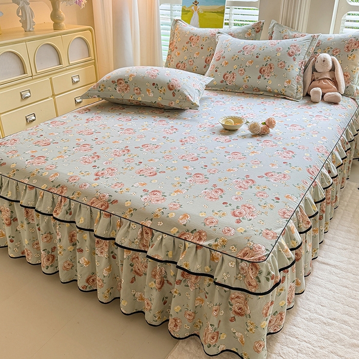 91家纺网 家纺一手货源 找家纺 优家居 2026新款A类水洗棉床裙单件三件套皱皱纱韩版公主风花边床罩直播爆款外贸定制 花花田园