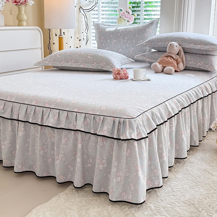 91家纺网 家纺一手货源 找家纺 优家居 2026新款A类水洗棉床裙单件三件套皱皱纱韩版公主风花边床罩直播爆款外贸定制 小苍蓝