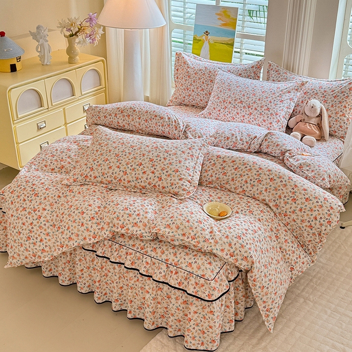 91家纺网 家纺一手货源 找家纺 优家居 2026新款A类水洗棉床裙单件三件套皱皱纱韩版公主风花边床罩直播爆款外贸定制 陌上花开