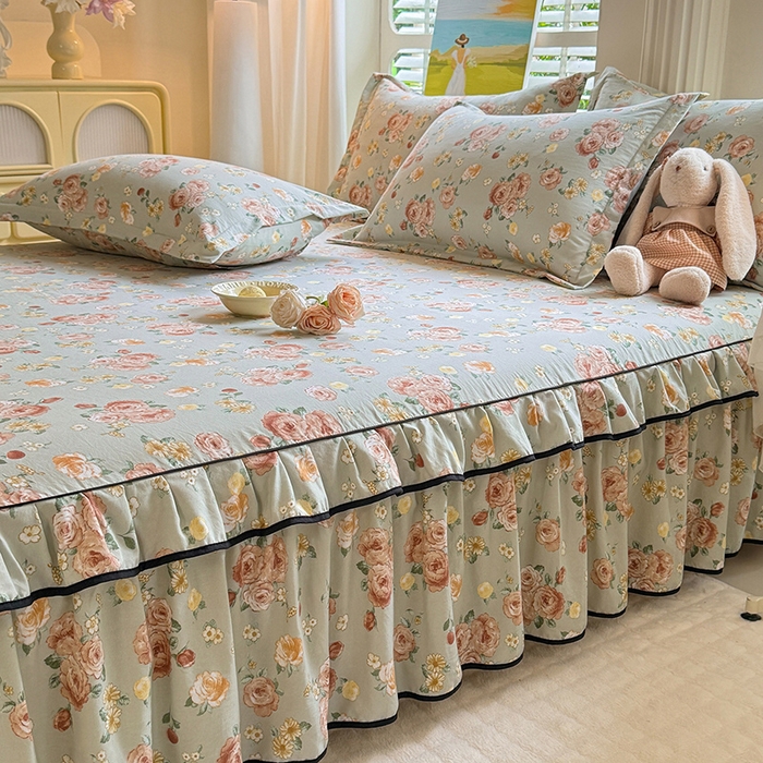 91家纺网 家纺一手货源 找家纺 优家居 2026新款A类水洗棉床裙单件三件套皱皱纱韩版公主风花边床罩直播爆款外贸定制 花花田园