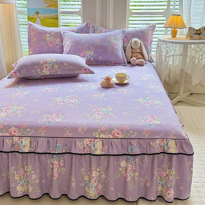 91家纺网 家纺一手货源 找家纺 优家居 2026新款A类水洗棉床裙单件三件套皱皱纱韩版公主风花边床罩直播爆款外贸定制 秘园絮语