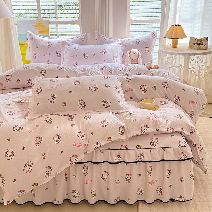 91家纺网 家纺一手货源 找家纺 优家居 2026新款A类水洗棉床裙单件三件套皱皱纱韩版公主风花边床罩直播爆款外贸定制 粉色猫猫