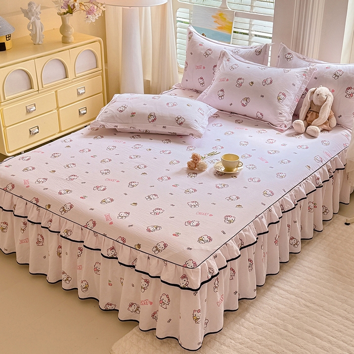 91家纺网 家纺一手货源 找家纺 优家居 2026新款A类水洗棉床裙单件三件套皱皱纱韩版公主风花边床罩直播爆款外贸定制 粉色猫猫