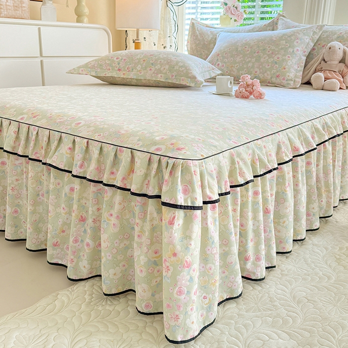 91家纺网 家纺一手货源 找家纺 优家居 2026新款A类水洗棉床裙单件三件套皱皱纱韩版公主风花边床罩直播爆款外贸定制 海棠花颂