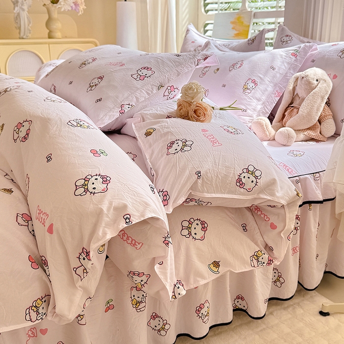 91家纺网 家纺一手货源 找家纺 优家居 2026新款A类水洗棉床裙单件三件套皱皱纱韩版公主风花边床罩直播爆款外贸定制 粉色猫猫