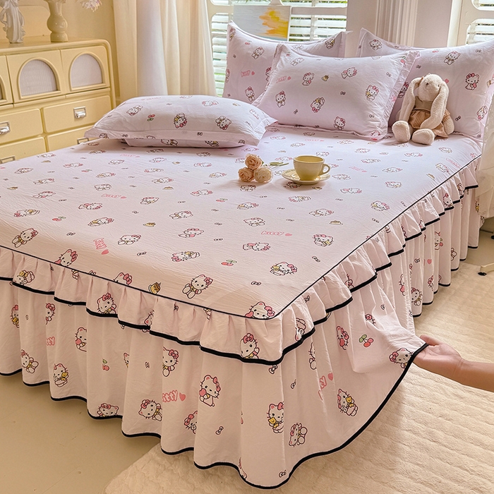 优家居 2026新款A类水洗棉床裙单件三件套皱皱纱韩版公主风花边床罩直播爆款外贸定制 粉色猫猫