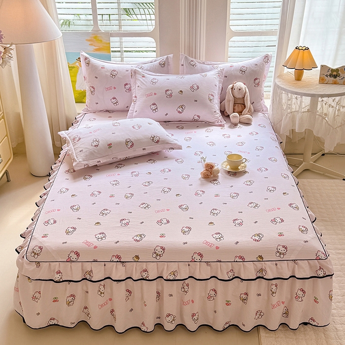 91家纺网 家纺一手货源 找家纺 优家居 2026新款A类水洗棉床裙单件三件套皱皱纱韩版公主风花边床罩直播爆款外贸定制 粉色猫猫