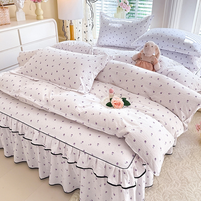 91家纺网 家纺一手货源 找家纺 优家居 2026新款A类水洗棉床裙单件三件套皱皱纱韩版公主风花边床罩直播爆款外贸定制 一口葡萄