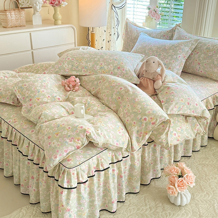 91家纺网 家纺一手货源 找家纺 优家居 2026新款A类水洗棉床裙单件三件套皱皱纱韩版公主风花边床罩直播爆款外贸定制 海棠花颂